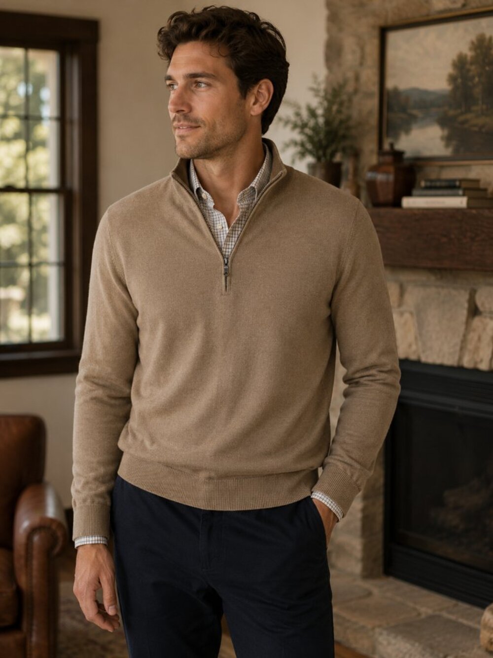 Brooks Brothers Tan Merino Wool Quarter Zip Sweater Small Preppy Quiet Luxury